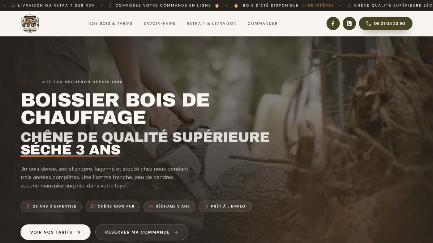 Site web sur-mesure créé par Webnexora pour Boissier Bois de Chauffage